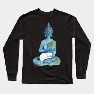 Watercolor Meditating Zen Buddha Statue with Sleepy Cat Long Sleeve T-Shirt